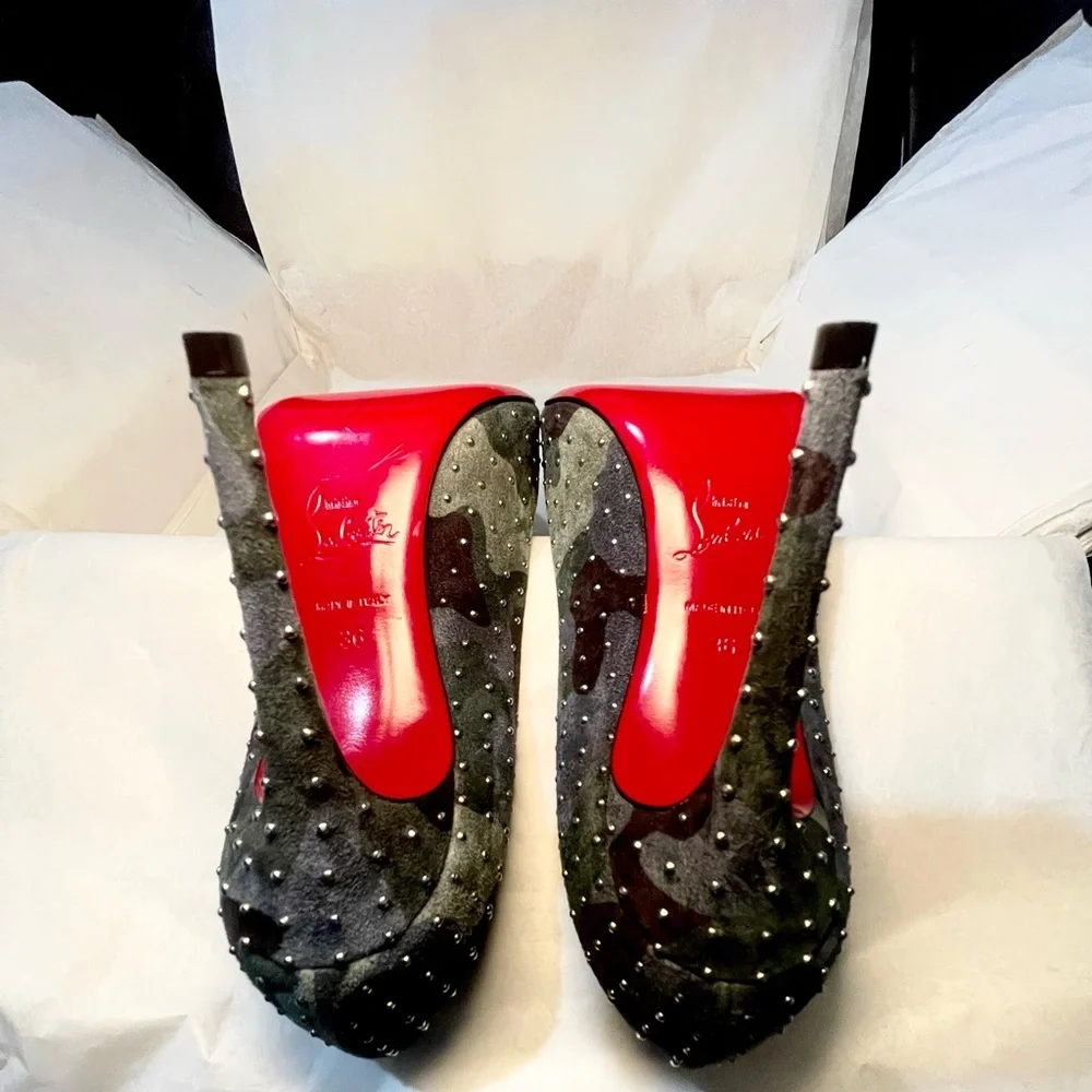 Christian Louboutin Kate 100 Studded blue green camouflage suede stiletto 38